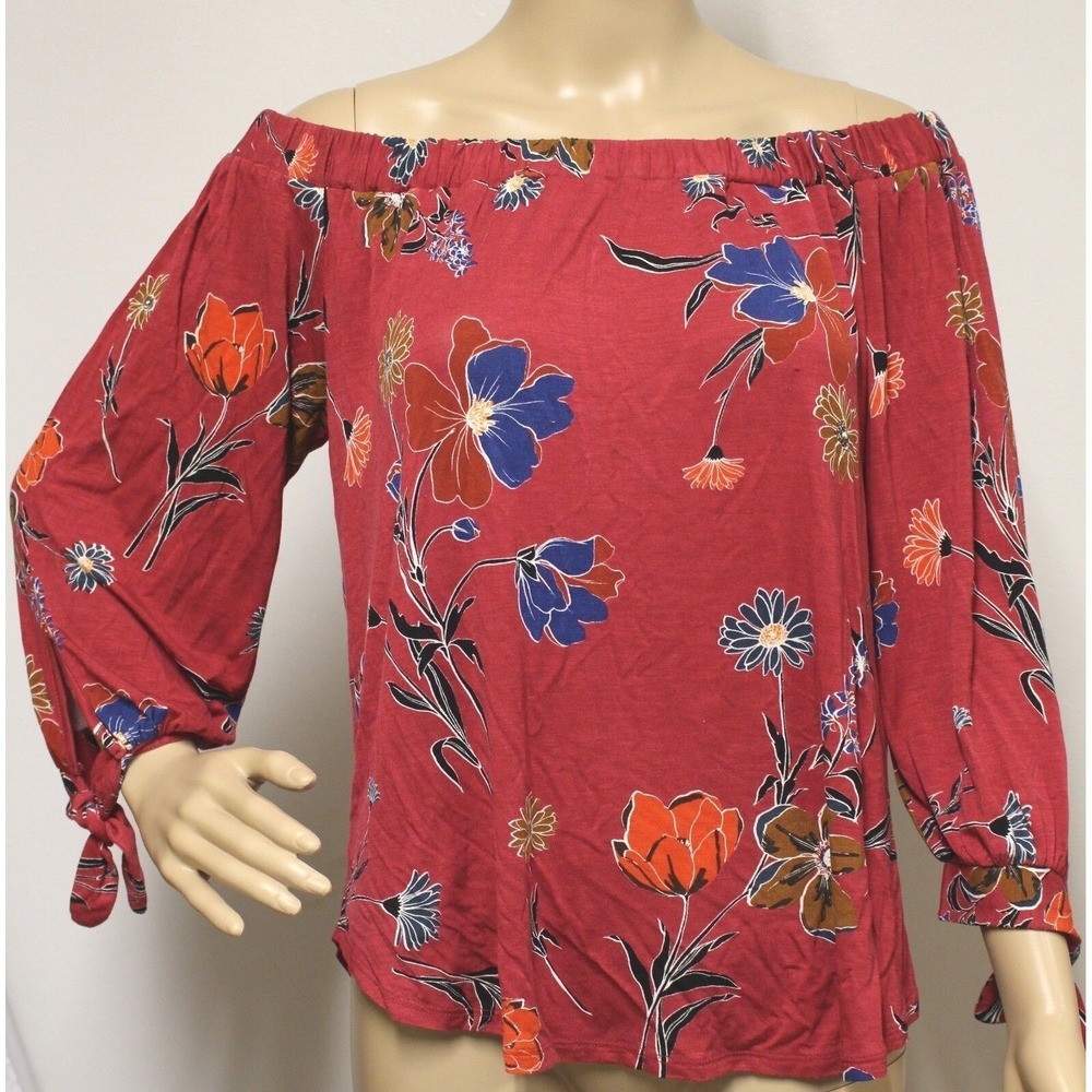 NWT Finn Grace Women L Top Blouse Off-Shoulder Knit Floral Cotton 3/4 Sleeve Red
